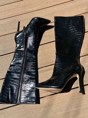Catherine Malandrino Black Croc-Embossed Pointed-Toe Knee Boots